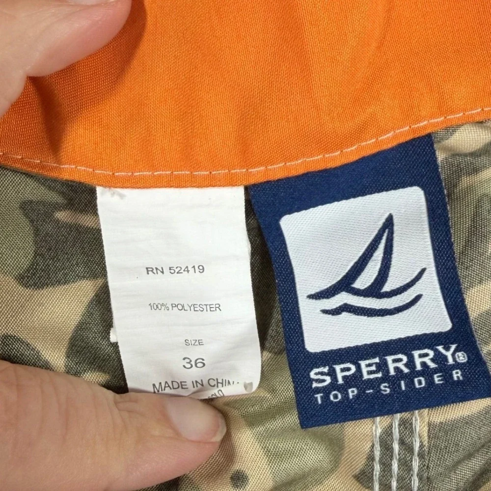 Sperry Board Shorts‎ Mens 36 Green Orange Fish Camo Print Swim Trunks Surf
